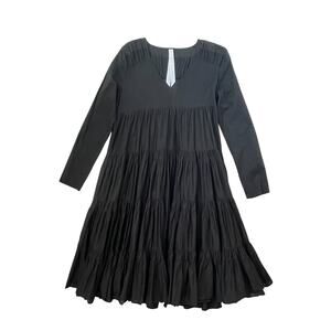 Merlette Tiered Black Long Sleeve Flared Flowy Midi Dress - 100% Cotton - S